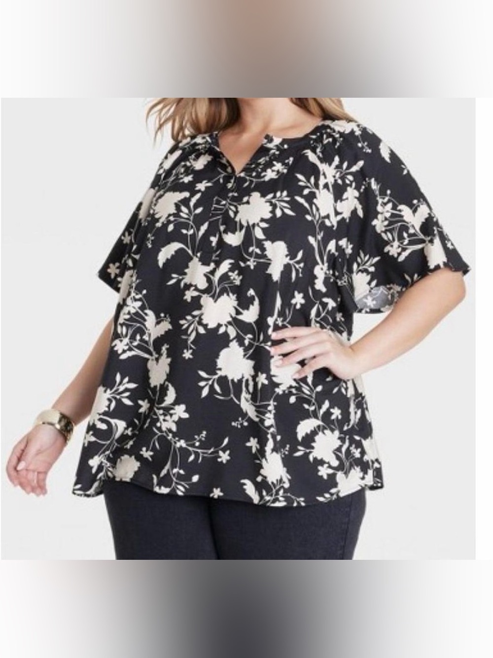 Ava & Viv 3X Henley Style Button Fluffer Sleeves - Cream and Black Floral